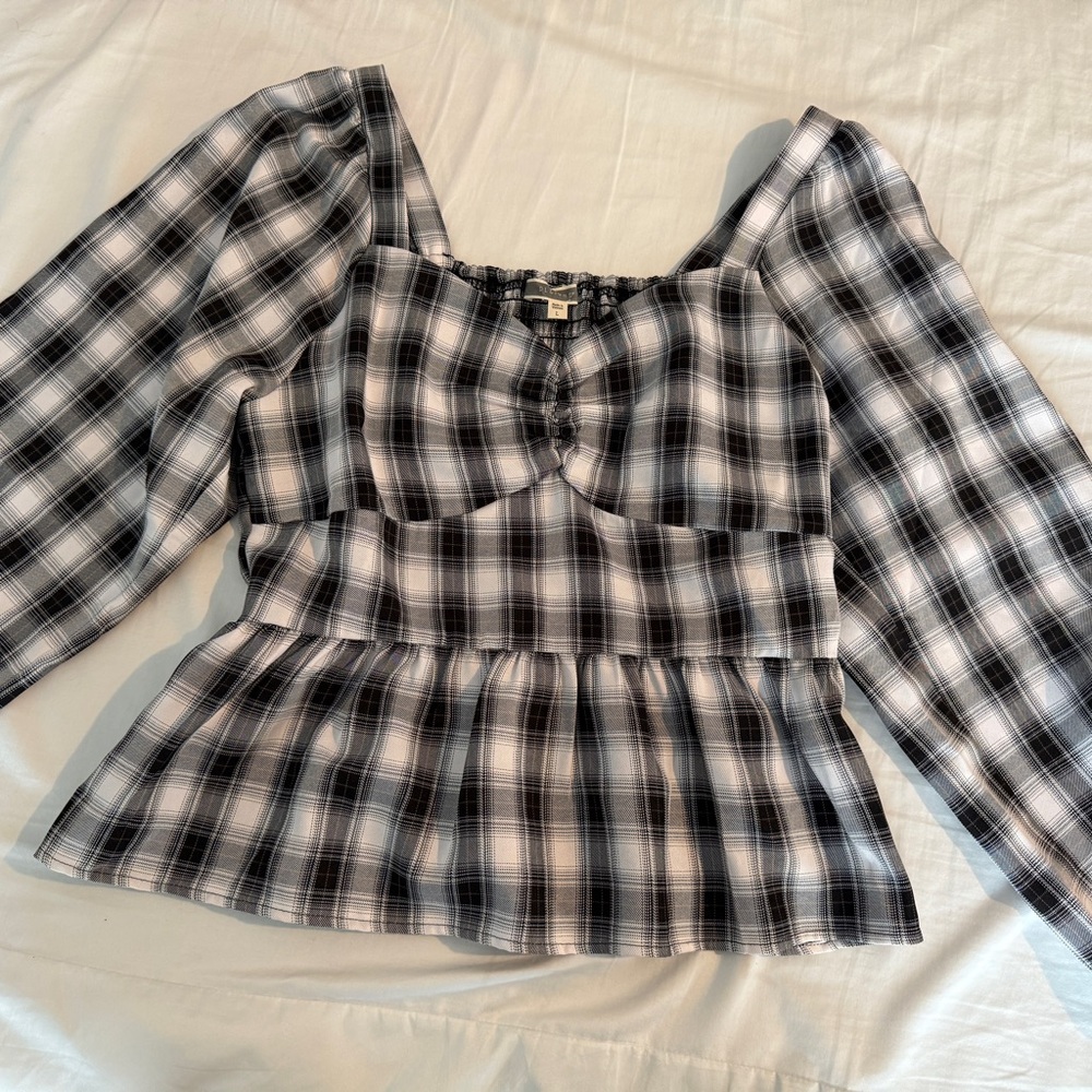 Pleione Black and White Plaid Blouse